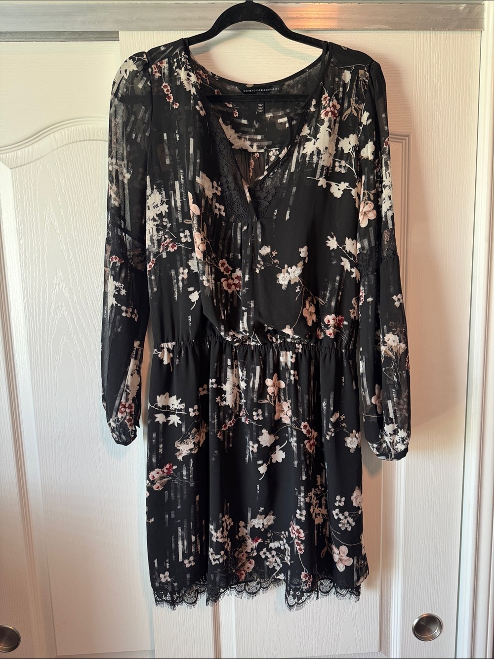 NWOT WHBM Floral Black Long-Sleeve V-Neck Dress